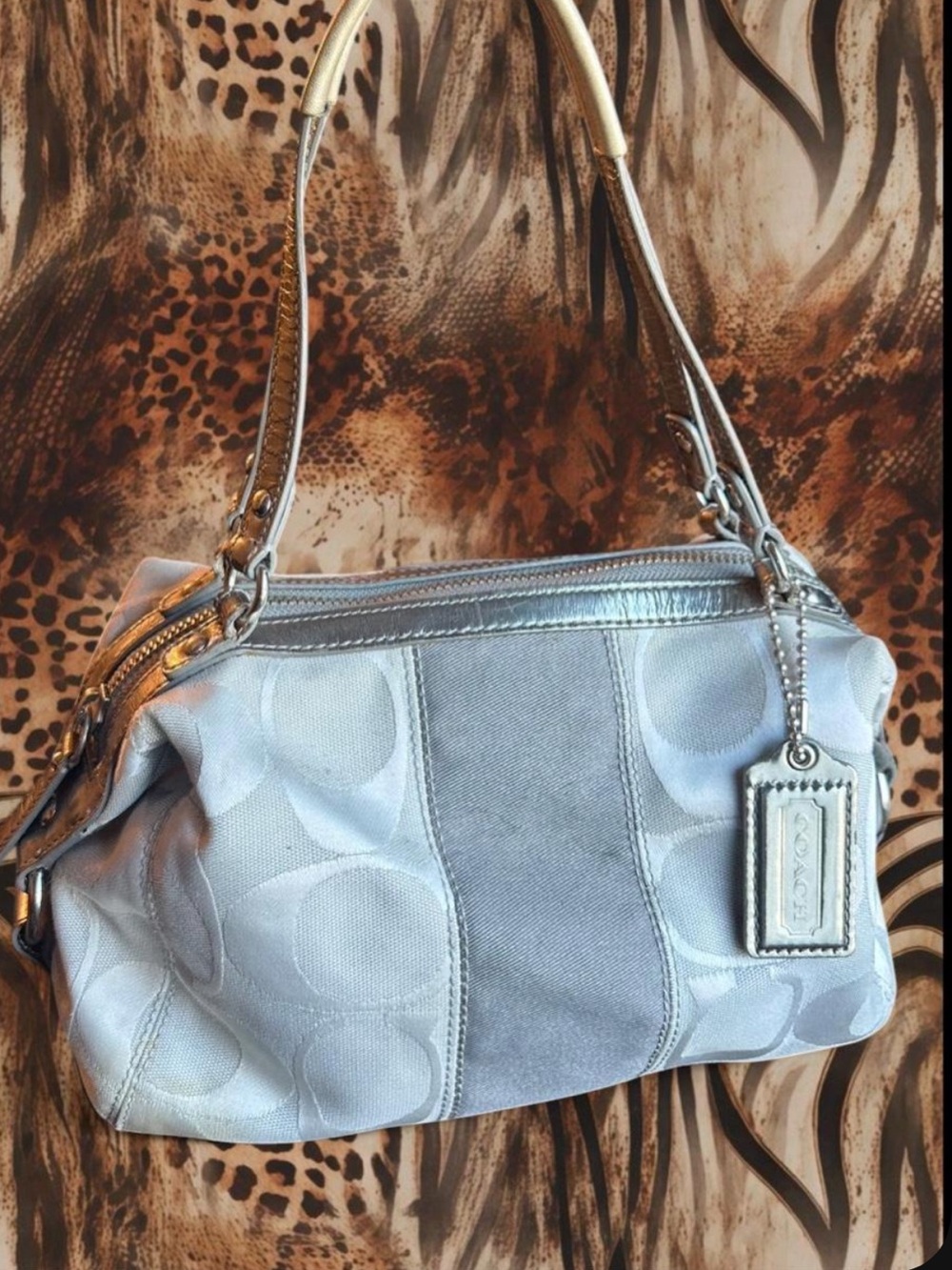 Coach Silver Light Blue Signature Canvas Shoulder Bag